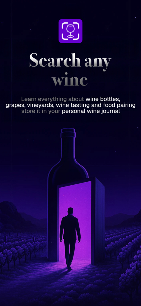 Wine Identifier: AI Scanner - Imagen promocional de la aplicación Wine Identifier que muestra a un hombre entrando en un portal morado en un viñedo con el texto Busca cualquier vino.