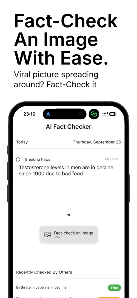 La pantalla de la App Verificador de Hechos IA que muestra la función para verificar imágenes virales y afirmaciones de noticias