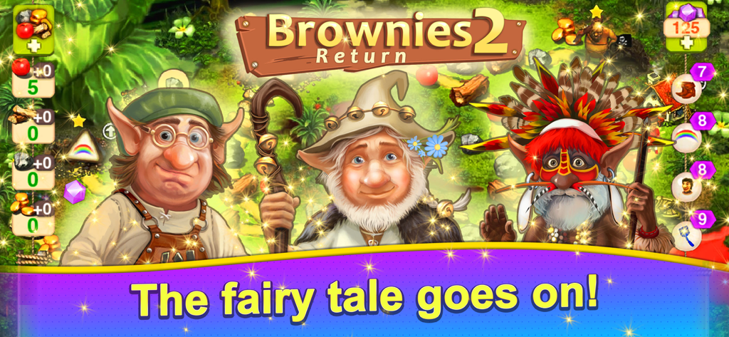 Brownies 2 Return 게임의 세 명의 다양한 집 요정 캐릭터와 리소스 아이콘이 "동화는 계속된다"는 텍스트와 함께 표시되는 스크린샷.