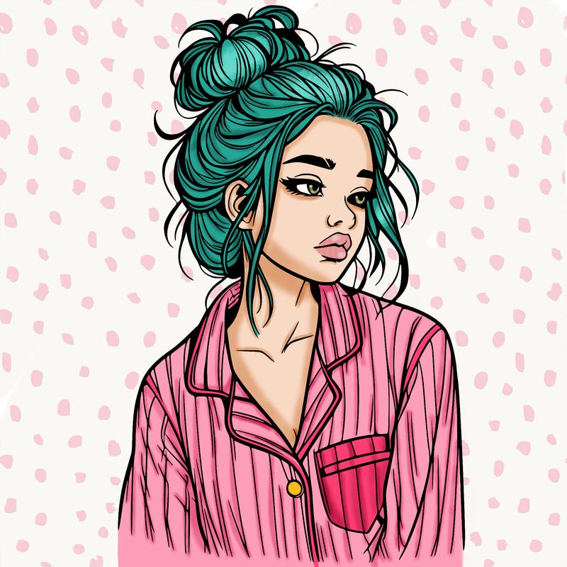 realistic woman with pajamas on and a messy bun
