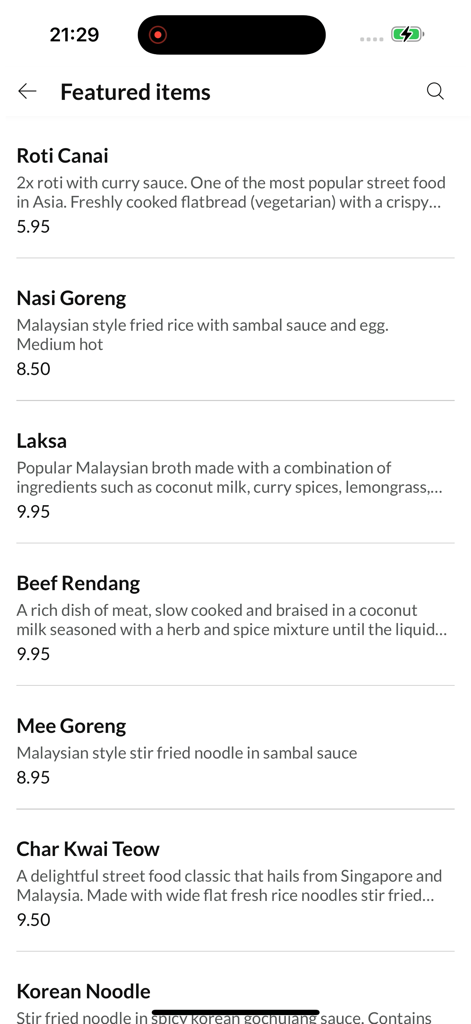 Raya Asian Street Food - List of featured Asian street food dishes and prices on the Raya app.