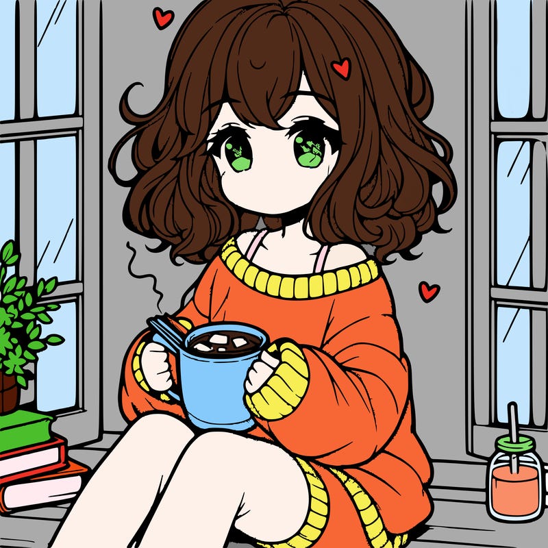 cute anime girl reading book and drinking hot chocolate from mug with loose wavy hair wearing a baggy sweatshirt and shorts sitting by windowsill looking out