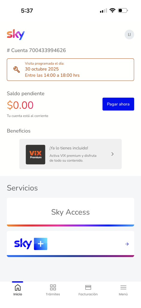Pantalla de inicio de la aplicación móvil Mi App Sky mostrando el saldo de la cuenta y detalles de la visita del técnico