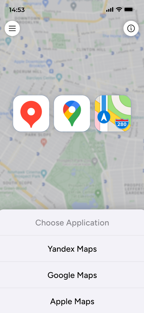 Phone Tracker for Number - Interface showing the option to choose between Google Maps Apple Maps or Yandex Maps to view a location