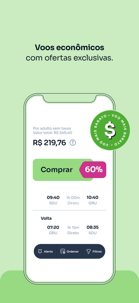 Maxmilhas app screen showing a 60 percent discount on economy flights