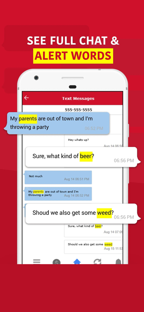 Screenshot of WebWatcher app showing monitored text messages with highlighted alert words like beer and weed