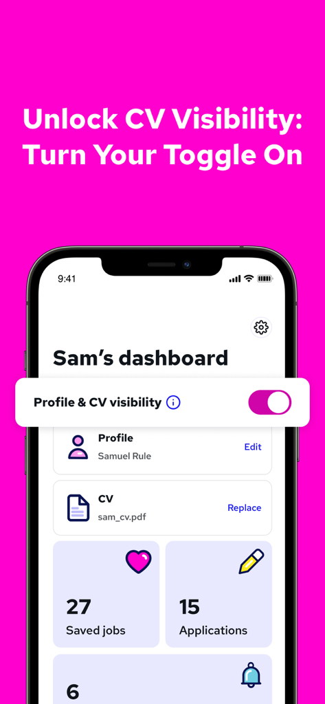 Reed.co.uk Job Search - Reed job search app dashboard showing the profile and CV visibility toggle turned on