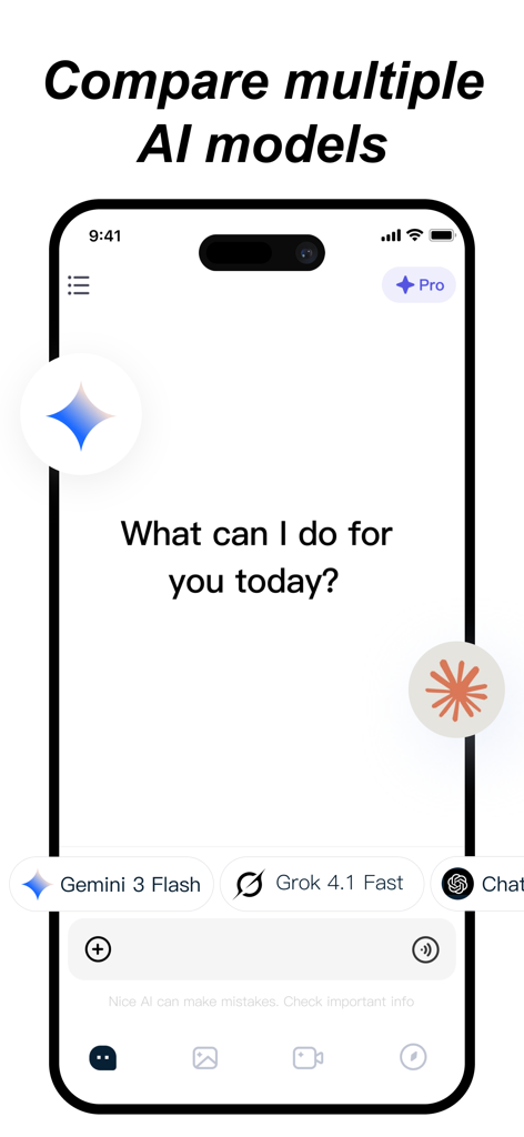 Nice AI Spark - Chat interface of Nice AI Spark showing the option to compare multiple AI models like Gemini and Grok.