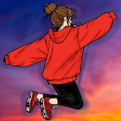 realistic girl jumping with a bun and oversized sweatshirt