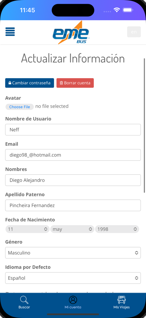 EME Bus - Pantalla de actualización de perfil de la aplicación EME Bus con información del usuario, incluido nombre, correo electrónico y fecha de nacimiento