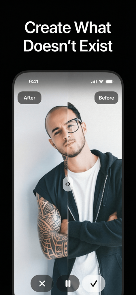Bananai: AI Photo Editor - Une comparaison avant/après d'un homme transformé avec la tête rasée et un tatouage tribal sur le bras à l'aide de l'édition photo IA.