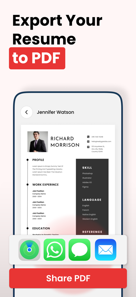 Resume Builder: CV Maker AI - A smartphone screen showing a professional resume being exported to PDF with various sharing options.