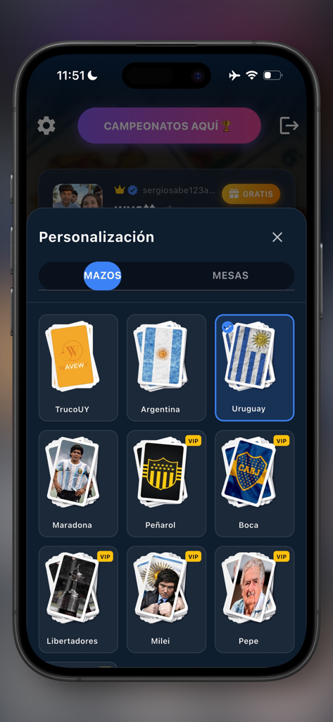 Truco: Argentino vs Uruguayo - Custom card decks selection menu in the Truco Argentino vs Uruguayo mobile app.