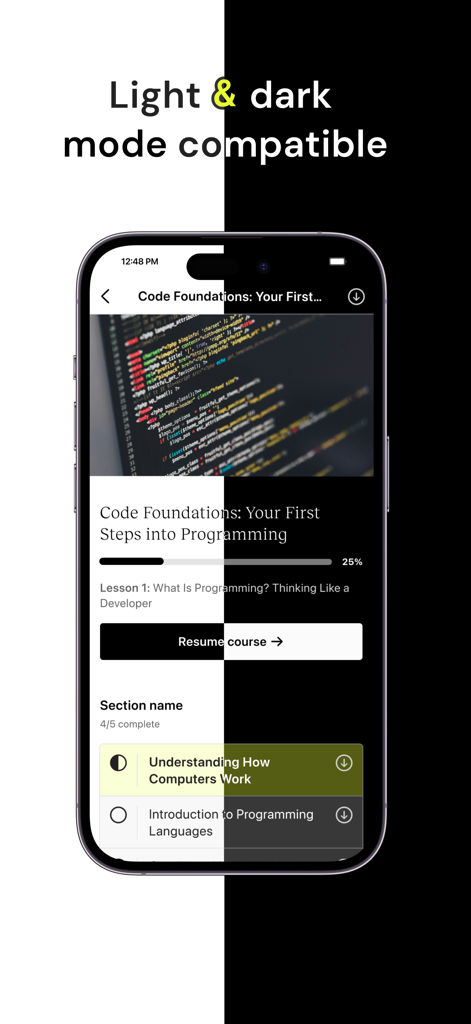 Teachable app interface showing light and dark mode compatibility while displaying a programming course.