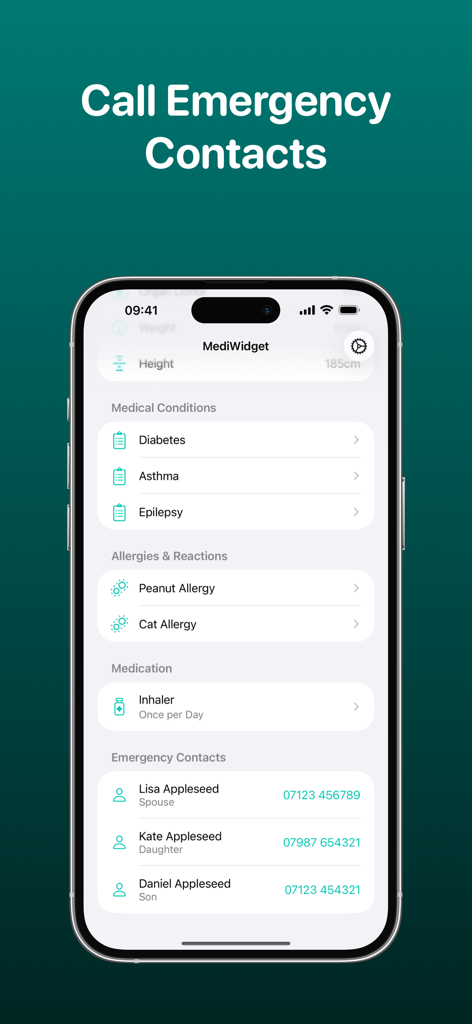IPhone screen showing MediWidget medical ID with conditions allergies and emergency contacts
