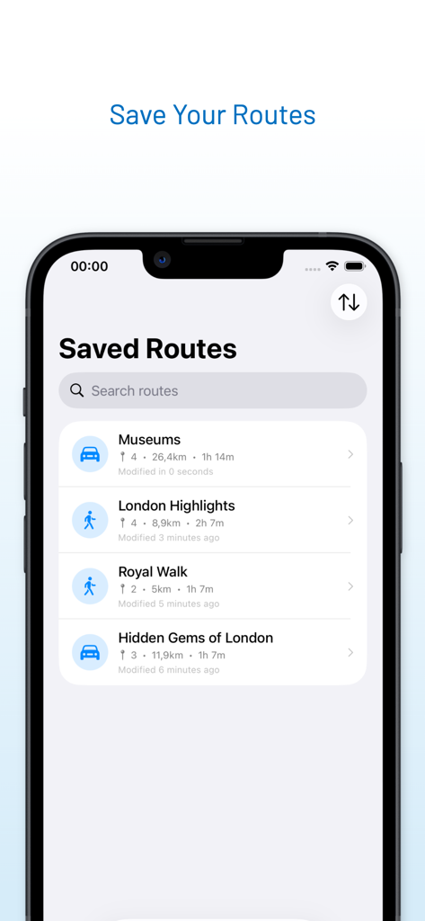 RouteGO - Route Planner - Interface of the RouteGO app showing a list of saved driving and walking routes with distance and time estimates
