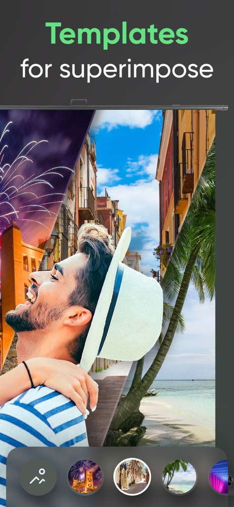 Um homem sorrindo com vários modelos de fundo para sobreposição, incluindo uma rua da cidade e uma praia.