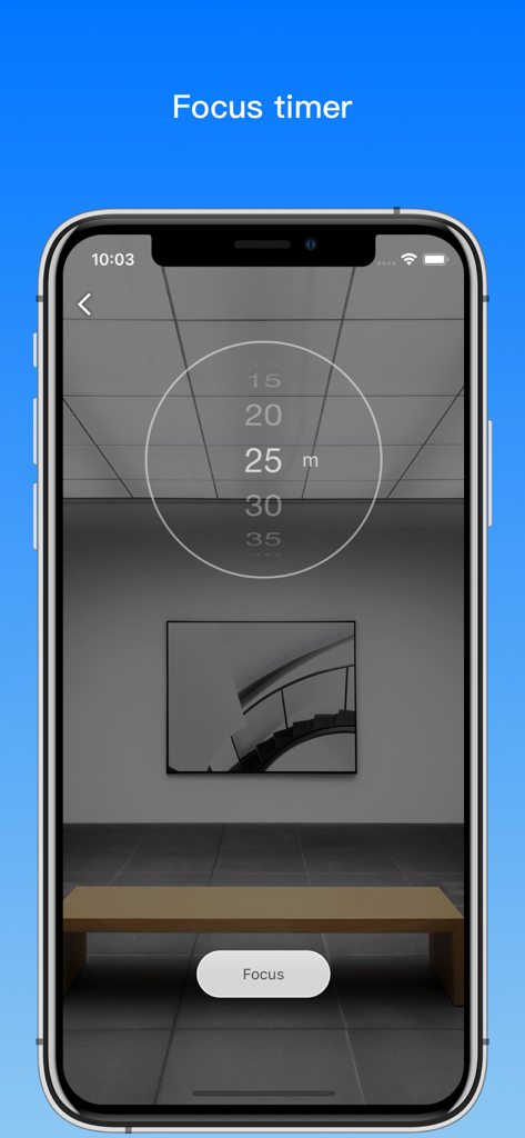 Focus timer interface of the Sonic Master app showing a 25 minute setting on a circular dial.