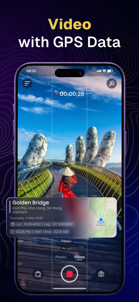 GPS Map Camera - Geotag Photos - Enregistrement d'écran d'iPhone montrant une vidéo au Pont Doré avec une superposition indiquant les coordonnées GPS et les détails de l'adresse