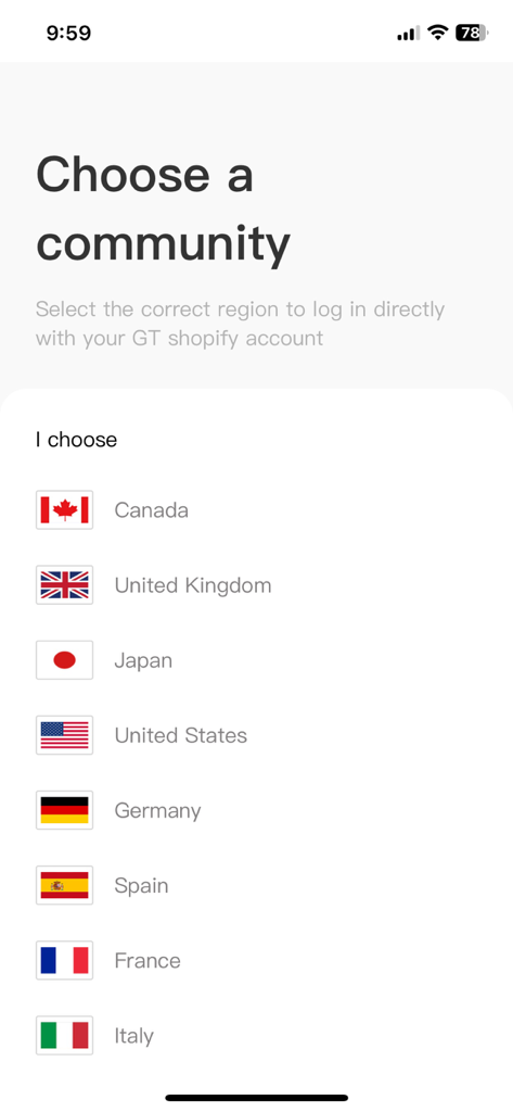 Lynck - Region selection screen for the Lynck app showing various country flags