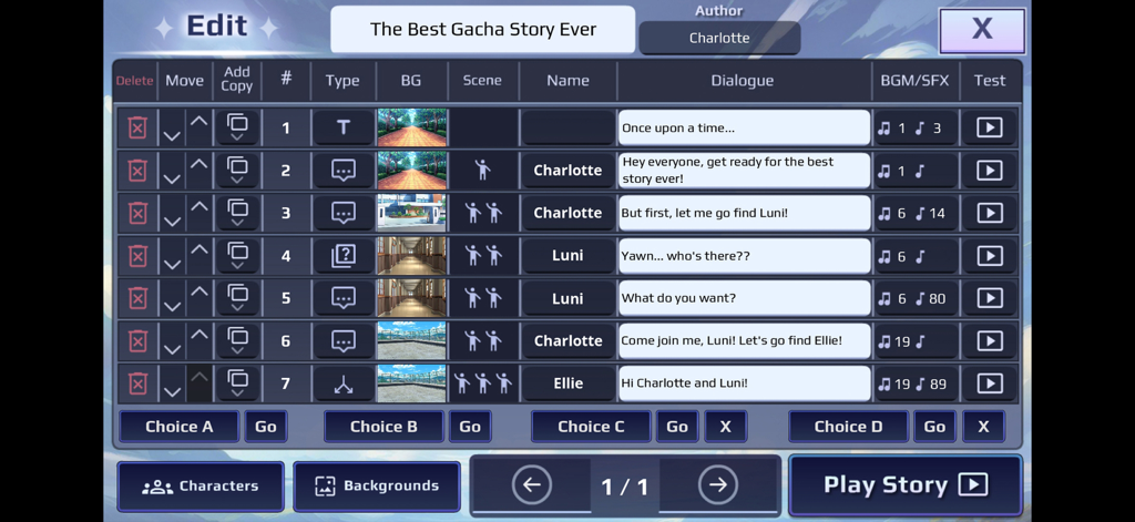 Gacha Story - VN Creator - Interface of the Gacha Story scene editor showing multiple dialogue rows and background settings for a visual novel