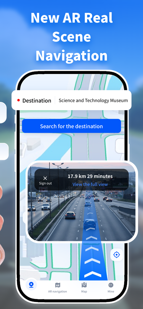 AR Maps Travel & Navigate - Smartphone-Bildschirm, der eine AR-Echtbild-Navigation mit blauen Richtungspfeilen anzeigt, die über eine Live-Straßenansicht gelegt sind