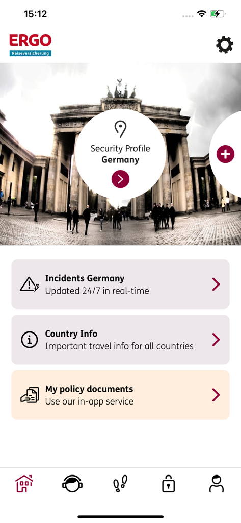 ERGO travel & care - Interface of the ERGO travel and care app showing Germany security profile and access to travel documents.