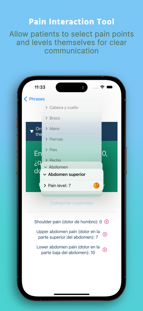 CanopySpeak Premium - A screenshot of the CanopySpeak app displaying the Pain Interaction Tool for patients to select pain points and levels in Spanish.