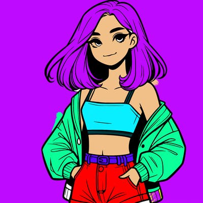 a realistic girl with a crop top and short shorts in an open jacket