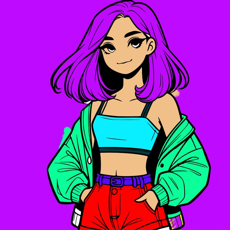 a realistic girl with a crop top and short shorts in an open jacket