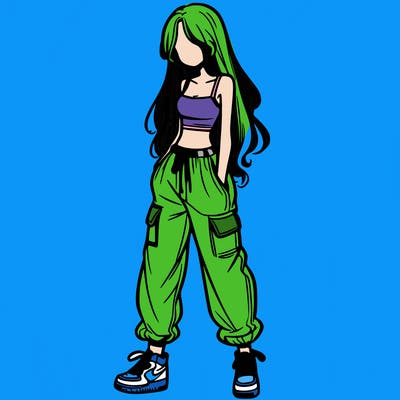 girl in baggy pants crop top and long hair