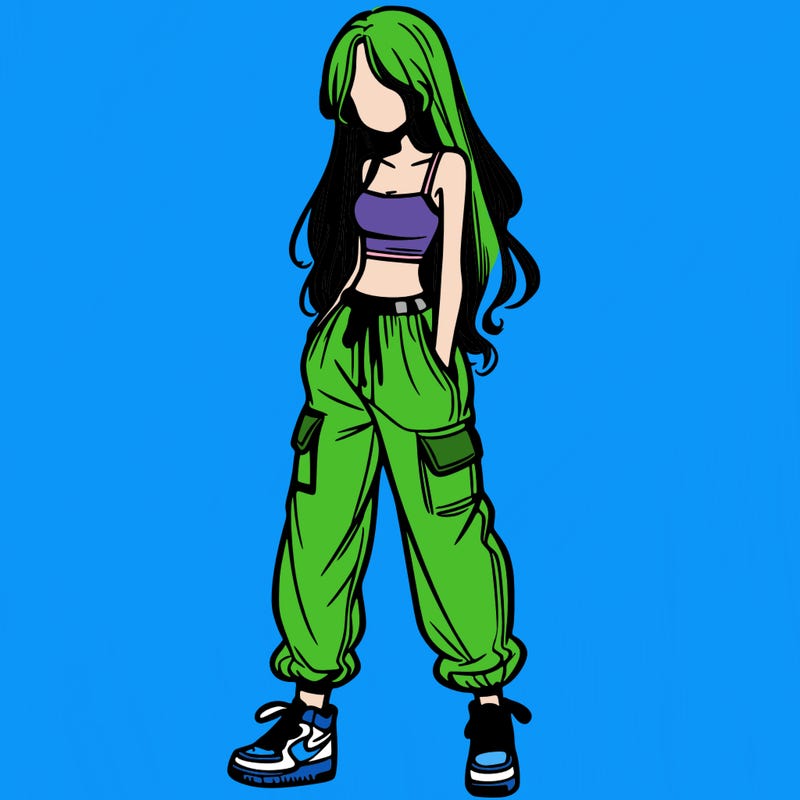 girl in baggy pants crop top and long hair