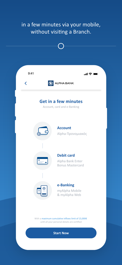Capture d'écran de l'application mobile myAlpha illustrant le processus en trois étapes pour ouvrir à distance un compte bancaire, obtenir une carte de débit et configurer les services bancaires en ligne.