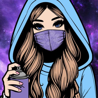 girl wearing a mask with long hair with her hood up spray-painting realistic