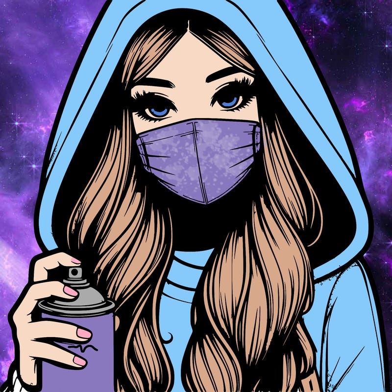 girl wearing a mask with long hair with her hood up spray-painting realistic