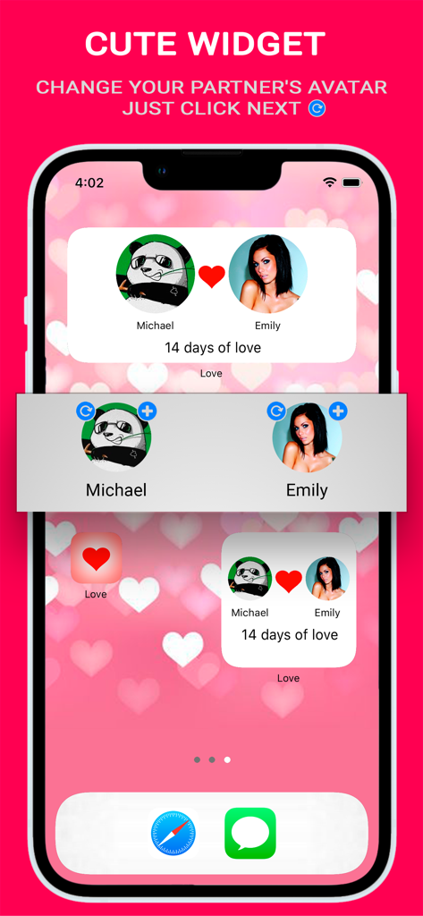 Love - My Relationship Counter - Una pantalla de teléfono inteligente que muestra un lindo widget contador de relaciones con avatares de pareja personalizados y días juntos.