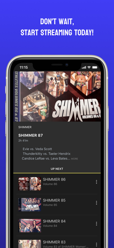 HighSpots TV - HighSpots TV app interface featuring Shimmer wrestling matches and upcoming episodes