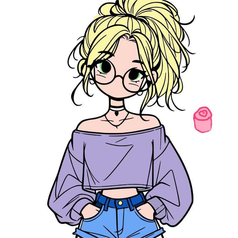 girl with a messy ponytail glasses a baggy crop top and jean shorts