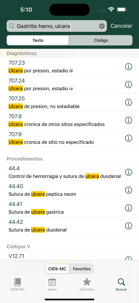 Search results screen in the cie9-mc app showing medical codes for diagnoses and procedures in Spanish