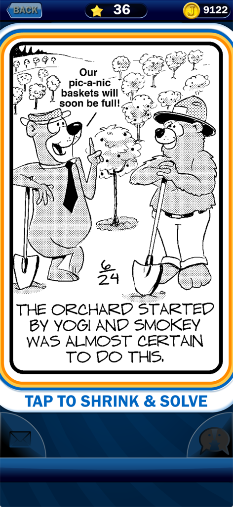 Classic cartoon puzzle with a punny riddle about bears in an orchard from the Just Jumble app