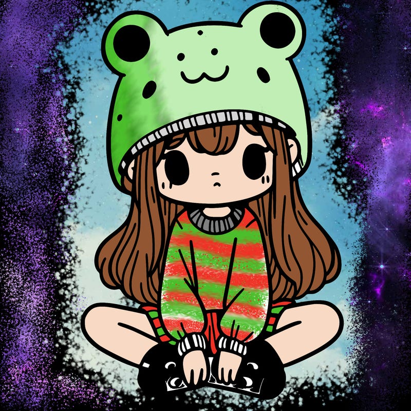 a girl wearing a frog hat and some frog socks