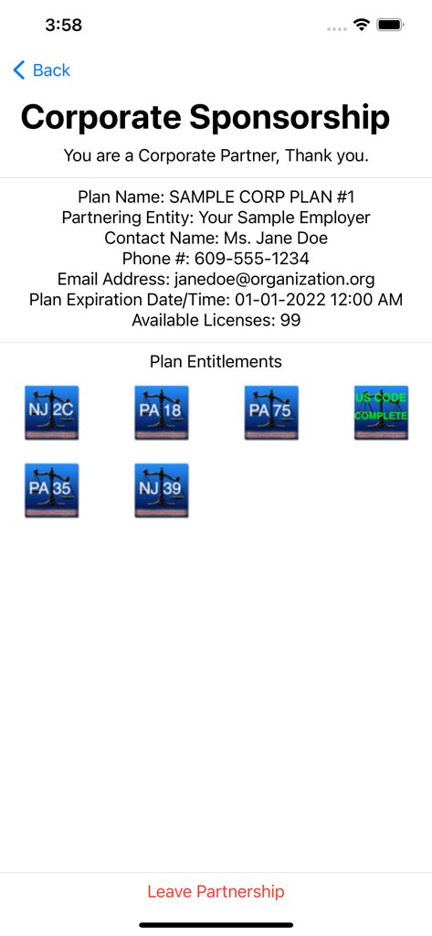 State Statute & Federal Law - 플랜 세부 정보 및 사용 가능한 법률 코드를 보여주는 기업 후원 페이지