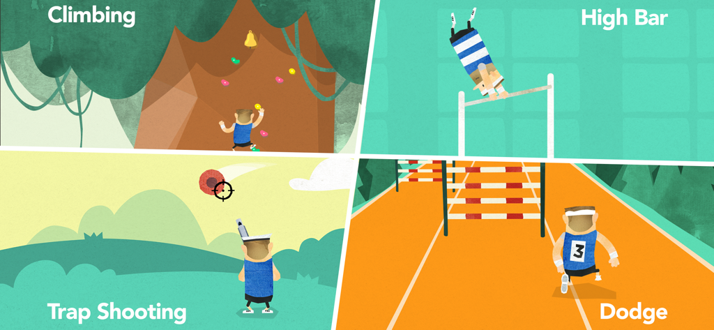 Fiete Sports Fun Minigames 4+ - Collage of Fiete Sports minigames including climbing gymnastics trap shooting and dodge hurdles