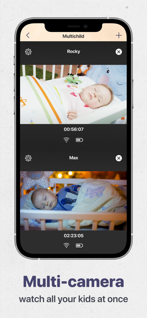 Interfaccia di Baby Monitor 5G che mostra i feed video a schermo diviso di due bambini che dormono.