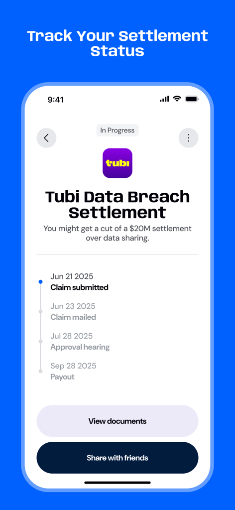 Settlemate: Class Actions - SettlemateアプリでTubiデータ侵害和解金の請求進捗状況を示すモバイルインターフェース。