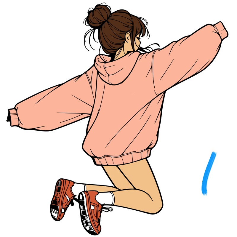 realistic girl jumping with a bun and oversized sweatshirt