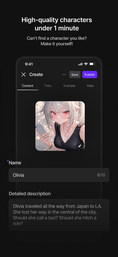 zeta — AI Chat, Live Stories - User interface showing the creation of an anime AI character named Olivia in the zeta app.