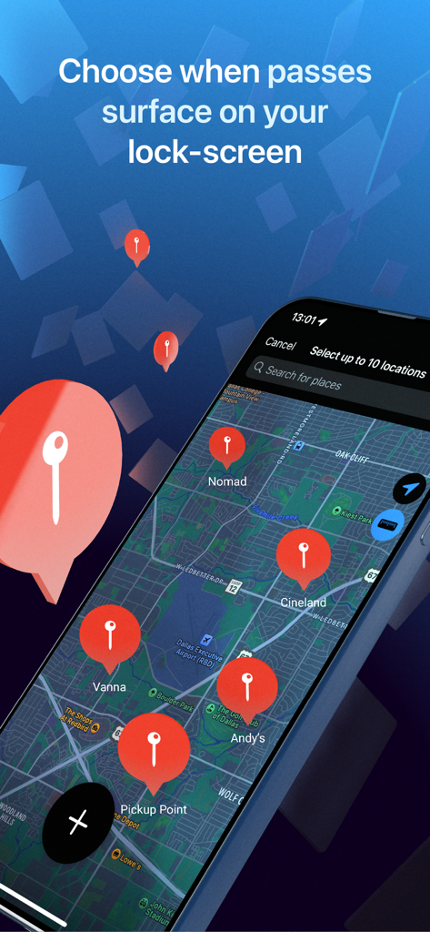 An iPhone screen showing a map interface to select geographic locations for automatic lock screen pass notifications.