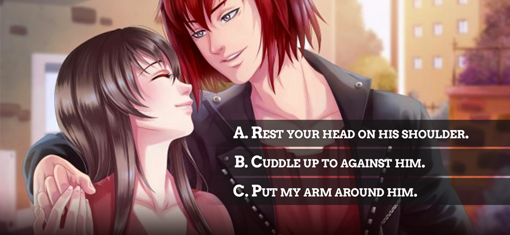 My Candy Love - Otome game - A romantic anime scene in the My Candy Love otome game with three dialogue choice options for interaction.