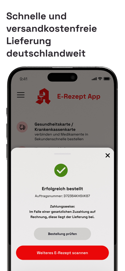 E-Rezept APP - E-Rezept APP order confirmation screen showing a successful transaction and shipping information